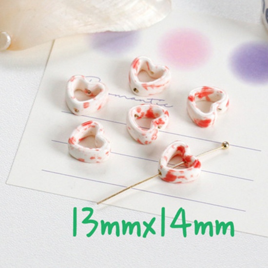 Bild von Keramik Perlen für die Herstellung von DIY-Charme-Schmuck Herz Weiß & Rosa Hohl ca. 14mm x 13mm, 10 Stück
