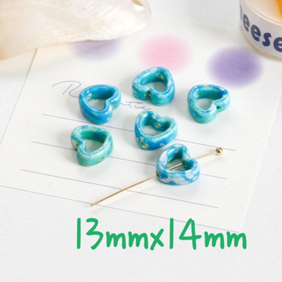 Bild von Keramik Perlen für die Herstellung von DIY-Charme-Schmuck Herz Weiß & Blau Hohl ca. 14mm x 13mm, 10 Stück