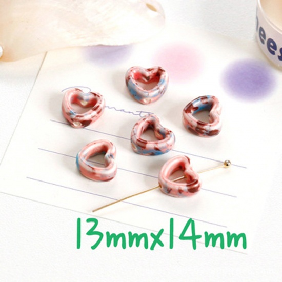 Bild von Keramik Perlen für die Herstellung von DIY-Charme-Schmuck Herz Rot & Rosa Hohl ca. 14mm x 13mm, 10 Stück