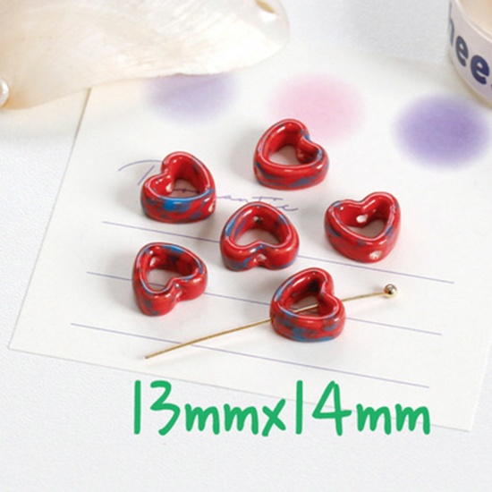 Bild von Keramik Perlen für die Herstellung von DIY-Charme-Schmuck Herz Rot & Blau Hohl ca. 14mm x 13mm, 10 Stück