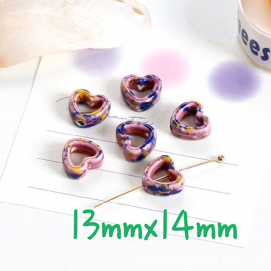 Bild von Keramik Perlen für die Herstellung von DIY-Charme-Schmuck Herz Violett & Blau Hohl ca. 14mm x 13mm, 10 Stück