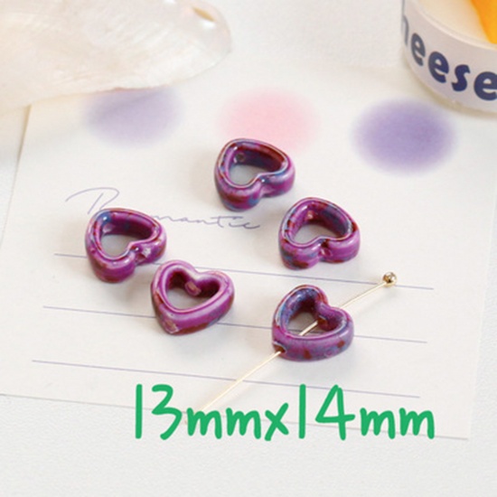 Bild von Keramik Perlen für die Herstellung von DIY-Charme-Schmuck Herz Lila Hohl ca. 14mm x 13mm, 10 Stück