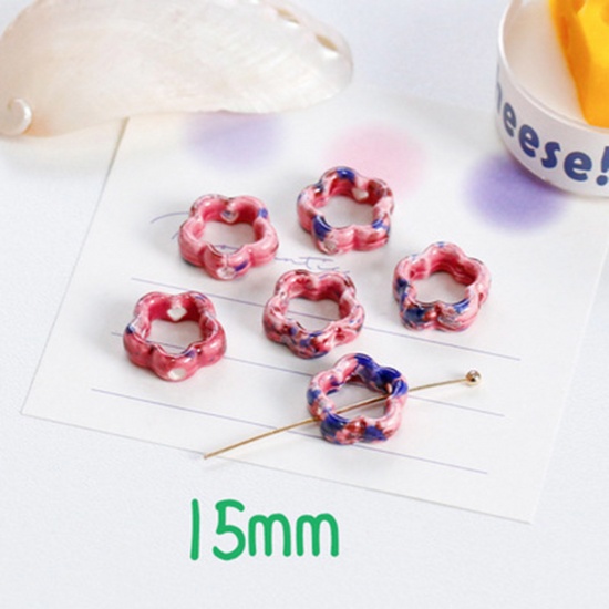 Bild von Keramik Perlen für die Herstellung von DIY-Charme-Schmuck Blumen Rot & Blau Hohl ca. 15mm x 15mm, 10 Stück