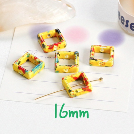 Bild von Keramik Perlen für die Herstellung von DIY-Charme-Schmuck Quadrat Gelb Hohl ca. 16mm x 16mm, 10 Stück