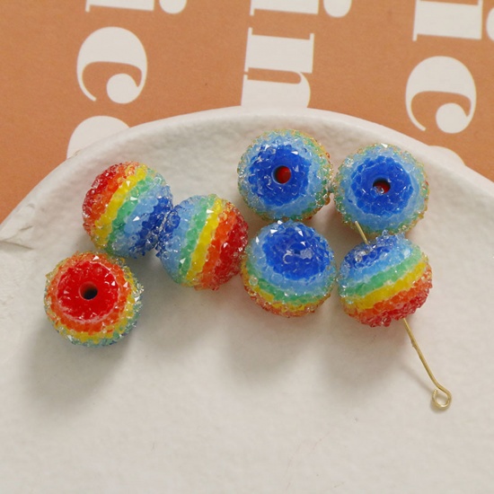 Bild von Acryl Regenbogen Perlen für die Herstellung von DIY-Charme-Schmuck Einzeln Loch Bunt Rund Streifen ca. 14mm D., 2 Stück