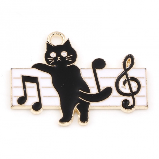 Bild von Zinklegierung Musik Charms Vergoldet Schwarz & Weiß Katze Klavier Emaille 28mm x 21.5mm, 10 Stück