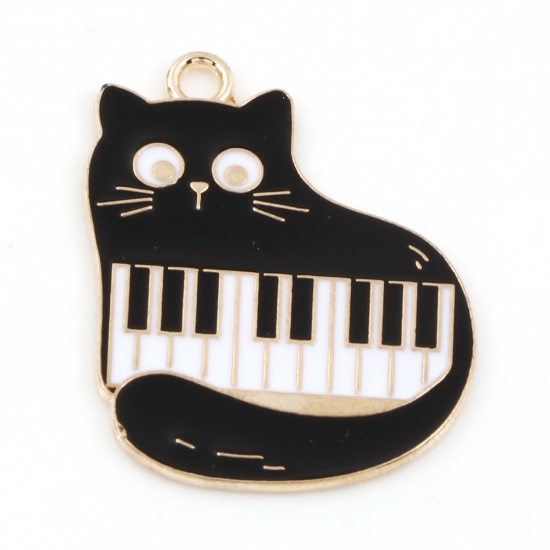 Bild von Zinklegierung Musik Charms Vergoldet Schwarz & Weiß Katze Klavier Emaille 28mm x 23mm, 10 Stück