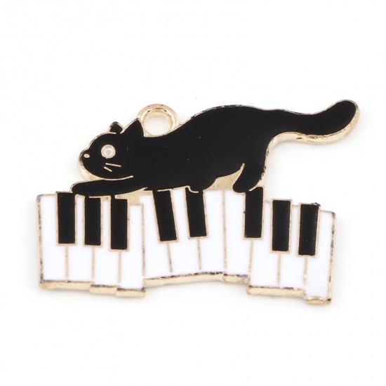 Bild von Zinklegierung Musik Charms Vergoldet Schwarz & Weiß Katze Klavier Emaille 28mm x 20mm, 10 Stück