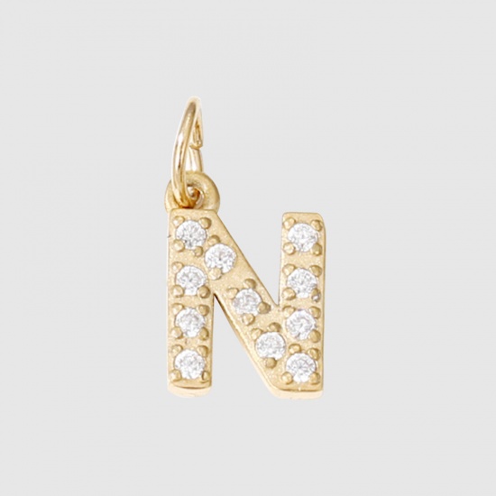 Bild von Umweltfreundliche Vakuumbeschichtung 304 Edelstahl Charms Buchstabe 14K Gold plattiert Message " N " Micro Pave 8mm D., 1 Stück
