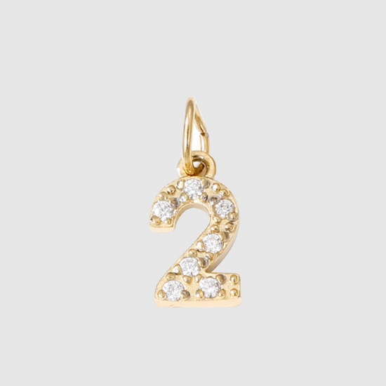 Bild von Umweltfreundliche Vakuumbeschichtung 304 Edelstahl Charms Nummer 14K Gold plattiert Message " 2 " Micro Pave 8mm, 1 Stück
