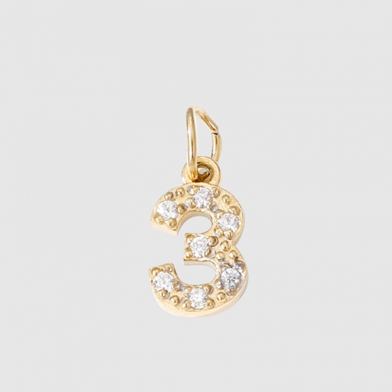 Bild von Umweltfreundliche Vakuumbeschichtung 304 Edelstahl Charms Nummer 14K Gold plattiert Message " 3 " Micro Pave 8mm, 1 Stück