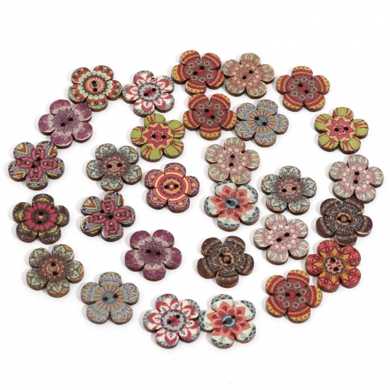 Bild von Holz Ethnisch Knöpfe für Aufnähen Scrapbooking 2 Löcher Blumen Zufällig Mix Mit zufälligen Muster 20mm x 19mm, 50 Stück
