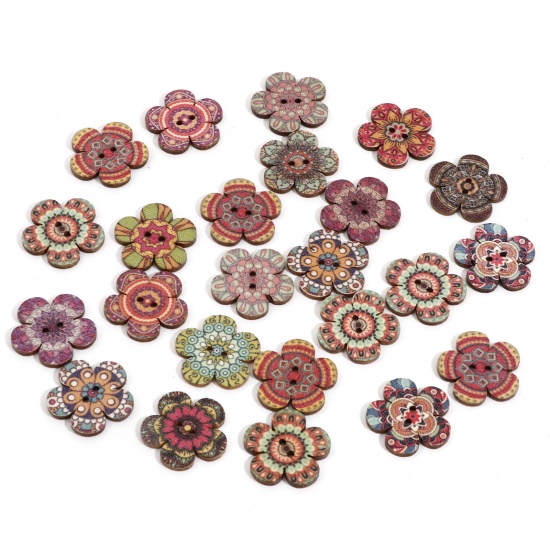 Bild von Holz Ethnisch Knöpfe für Aufnähen Scrapbooking 2 Löcher Blumen Zufällig Mix Mit zufälligen Muster 25mm x 24mm, 50 Stück