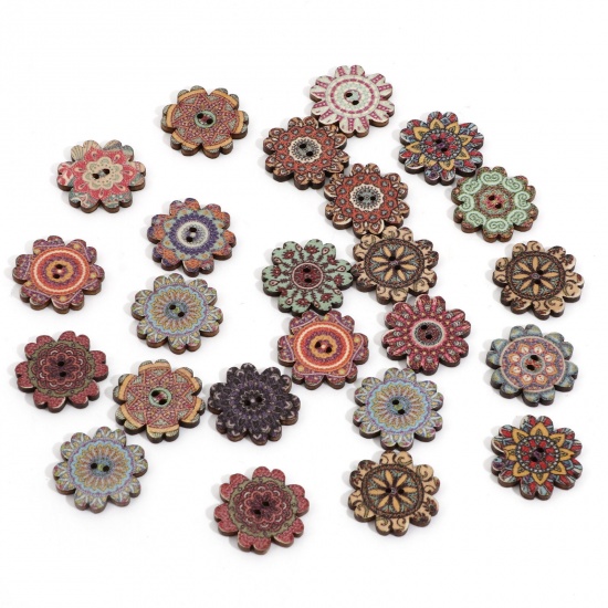 Immagine di Legno Etnico Bottone da Cucire Scrapbook Due Fori Fiore A Random A Random Disegno 20mm x 19mm, 50 Pz