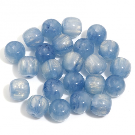 Bild von Harz Perlen für die Herstellung von DIY-Charme-Schmuck Einzeln Loch Trommel Blau Imitierte Katzenauge 12mm x 11mm, Loch: 1.8mm, 10 Stück