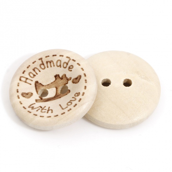 Bild von Holz Knöpfe für Aufnähen Scrapbooking 2 Löcher Rund Grauweiß Nähmaschine Message " Hand Made With Love " 20mm D., 50 Stück