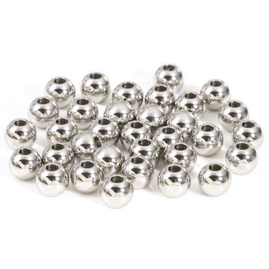 Bild von Umweltfreundlich 201 Edelstahl Perlen für die Herstellung von DIY-Charme-Schmuck Rund Silberfarbe Poliert 6mm D., Loch: ca. 1.8mm, 10 Stück