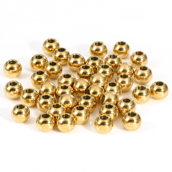 Bild von Umweltfreundliche Vakuumbeschichtung 201 Edelstahl Perlen für die Herstellung von DIY-Charme-Schmuck Rund 18K Gold plattiert Poliert 6mm D., Loch: ca. 1.8mm, 10 Stück