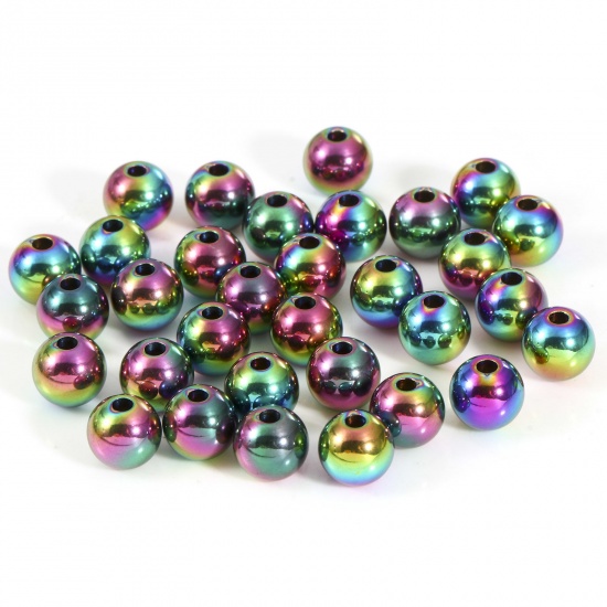 Bild von Umweltfreundliche Vakuumbeschichtung 201 Edelstahl Perlen für die Herstellung von DIY-Charme-Schmuck Rund Regenbogenfarbe Plattiert Poliert 6mm D., Loch: ca. 1.8mm, 10 Stück