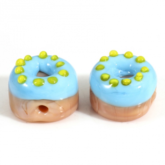 Bild von Muranoglas Perlen für die Herstellung von DIY-Charme-Schmuck Donut Blau Lebensmittel Emaille ca 14mm D., Loch:ca. 1.5mm, 2 Stück
