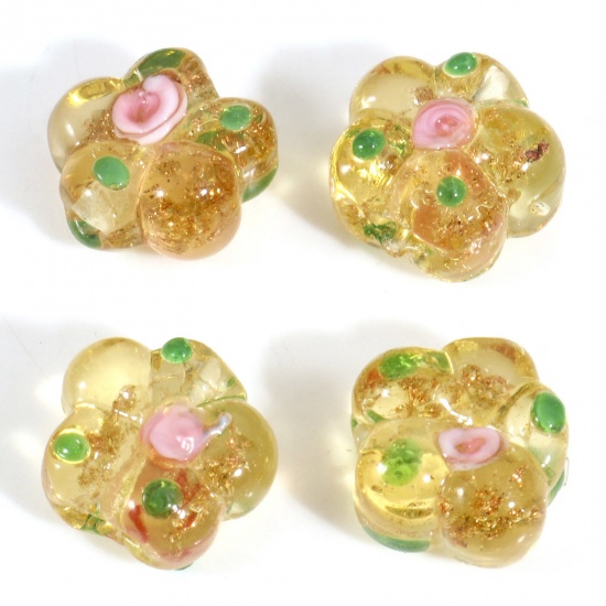 Bild von Muranoglas Perlen für die Herstellung von DIY-Charme-Schmuck Gelb Blume Blätter Emaille ca 15mm x 14mm, Loch:ca. 1.2mm, 5 Stück