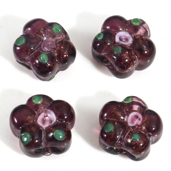 Bild von Muranoglas Perlen für die Herstellung von DIY-Charme-Schmuck Kaffeebraun Blume Blätter Emaille ca 15mm x 14mm, Loch:ca. 1.2mm, 5 Stück