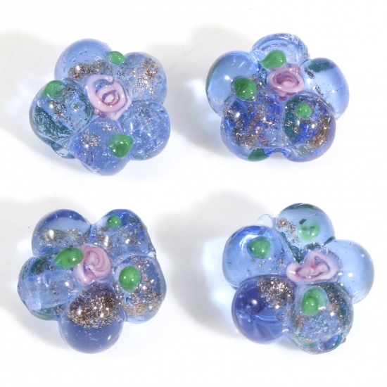 Bild von Muranoglas Perlen für die Herstellung von DIY-Charme-Schmuck Blau Blume Blätter Emaille ca 15mm x 14mm, Loch:ca. 1.2mm, 5 Stück