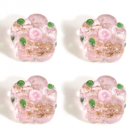 Bild von Muranoglas Perlen für die Herstellung von DIY-Charme-Schmuck Rosa Blume Blätter Emaille ca 15mm x 14mm, Loch:ca. 1.2mm, 5 Stück