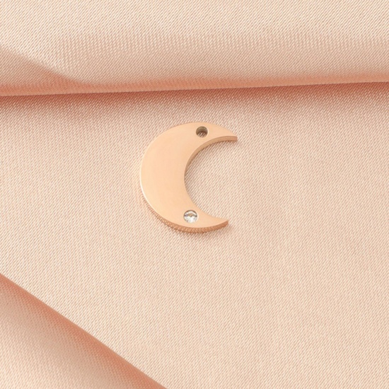 Bild von Umweltfreundliche Vakuumbeschichtung 304 Edelstahl Galaxis Charms Halbmond Rosegold Transparent Strass 13mm x 10.5mm, 3 Stück