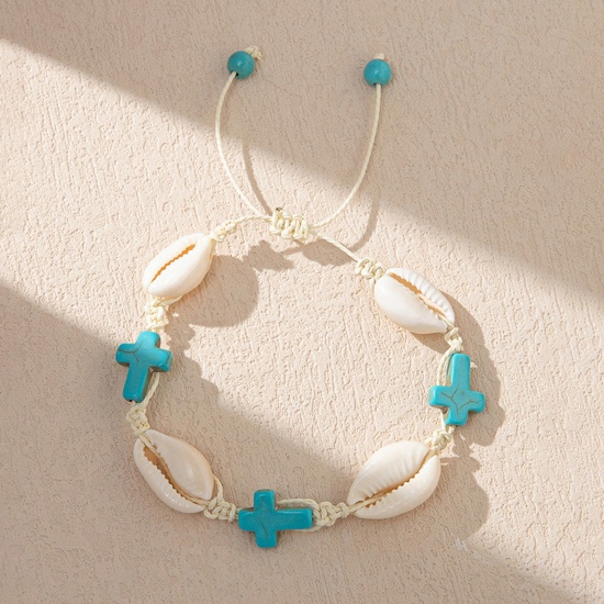 Bild von Shell Ocean Jewelry Geflochtene Armbänder, weißes und blaues Kreuz, 6 cm – 8 cm Durchmesser, 1 Stück