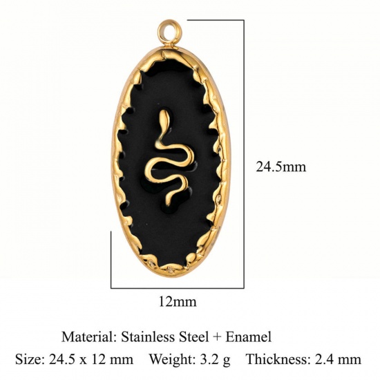 Bild von Umweltfreundliche Vakuumbeschichtung 304 Edelstahl Charms Oval 18K Gold plattiert Schwarz Schlange Emaille 24.5mm x 12mm, 1 Stück