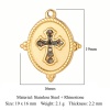 Picture of Eco-friendly Vacuum Plating 304 Stainless Steel Religious Charms 18K Gold Plated Oval Cross Black Rhinestone 19mm x 16mm, 1 Piece