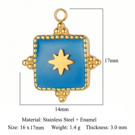 Bild von Umweltfreundliche Vakuumbeschichtung 304 Edelstahl Charms Quadrat 18K Gold plattiert Blau Stern Emaille 17mm x 16mm, 1 Stück