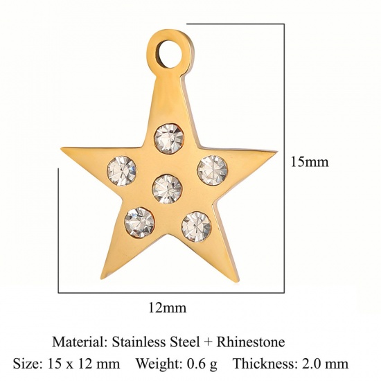 Bild von Umweltfreundliche Vakuumbeschichtung 304 Edelstahl Charms Pentagramm Stern 18K Gold plattiert Transparent Strass 15mm x 12mm, 1 Stück