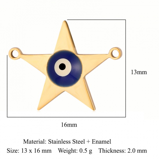 Bild von Umweltfreundliche Vakuumbeschichtung 304 Edelstahl Charms Pentagramm Stern 18K Gold plattiert Blau Böser Blick Evil Eye 16mm x 13mm, 1 Stück