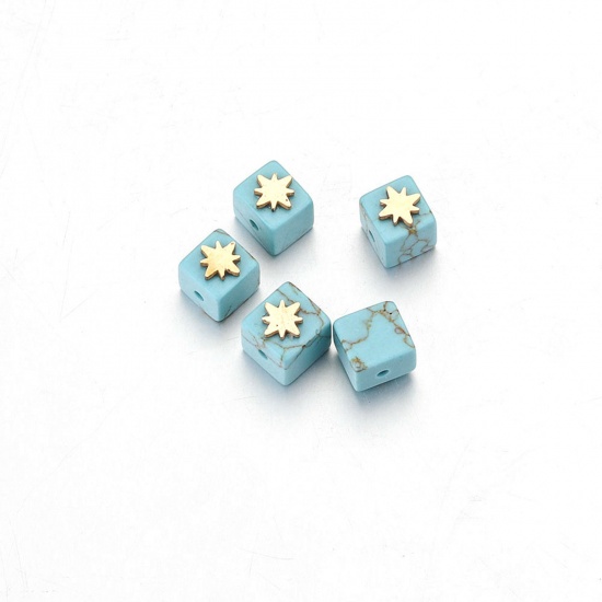 Bild von Turquoise ( Synthetic ) Loose Beads With Stailess Steel Patch For DIY Charm Jewelry Making Square Star Gold Plated About 6mm Dia., 1 Piece