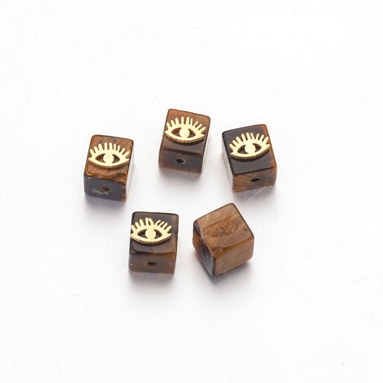 Bild von Tiger's Eyes ( Natural Dyed ) Loose Beads With Stailess Steel Patch For DIY Charm Jewelry Making Square Eye Gold Plated About 6mm Dia., 1 Piece