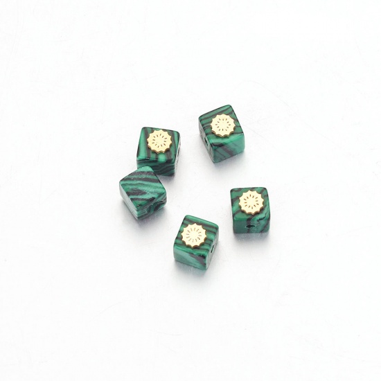 Bild von Malachite ( Natural Dyed ) Loose Beads With Stailess Steel Patch For DIY Charm Jewelry Making Square Sun Gold Plated About 6mm Dia., 1 Piece