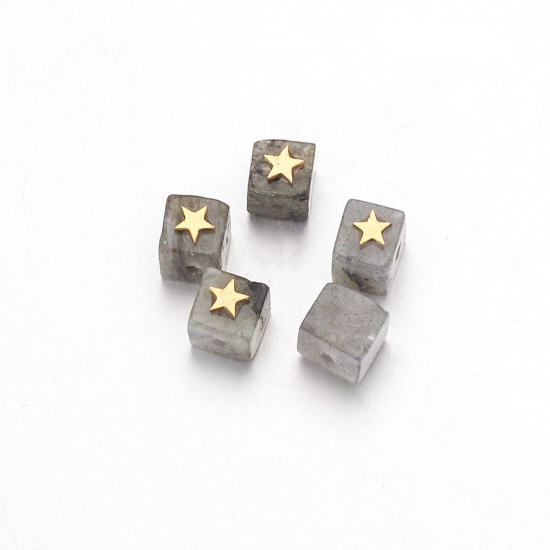 Bild von Spectrolite ( Natural Dyed ) Loose Beads With Stailess Steel Patch For DIY Charm Jewelry Making Square Pentagram Star Gold Plated About 6mm Dia., 1 Piece