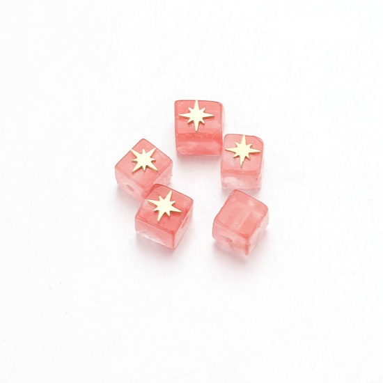Bild von Rose Quartz ( Natural Dyed ) Loose Beads With Stailess Steel Patch For DIY Charm Jewelry Making Square Star Gold Plated About 6mm Dia., 1 Piece