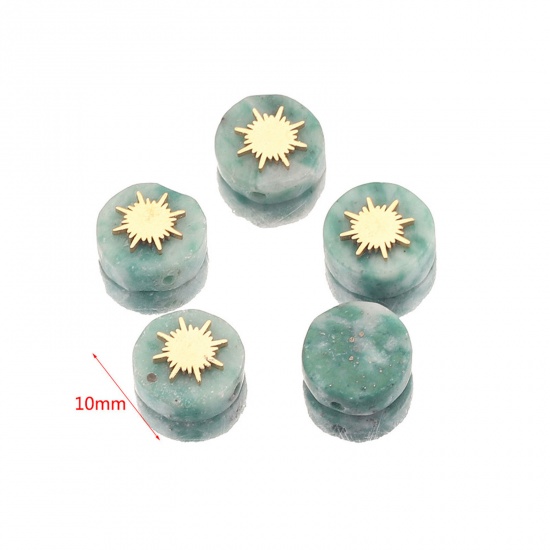 Bild von Stone ( Natural Dyed ) Loose Beads With Stailess Steel Patch For DIY Charm Jewelry Making Flat Round Sun Gold Plated About 10mm Dia., 1 Piece
