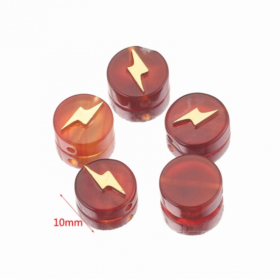 Bild von Carnelian ( Natural Dyed ) Loose Beads With Stailess Steel Patch For DIY Charm Jewelry Making Flat Round Lightning Gold Plated About 10mm Dia., 1 Piece
