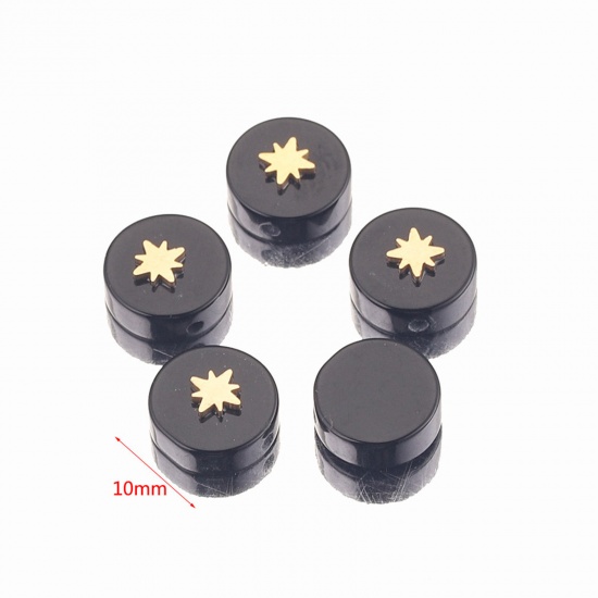 Bild von Obsidian ( Natural Dyed ) Loose Beads With Stailess Steel Patch For DIY Charm Jewelry Making Flat Round Star Gold Plated About 10mm Dia., 1 Piece