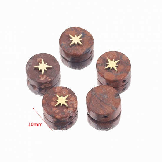 Bild von Stone ( Natural Dyed ) Loose Beads With Stailess Steel Patch For DIY Charm Jewelry Making Flat Round Star Gold Plated About 10mm Dia., 1 Piece