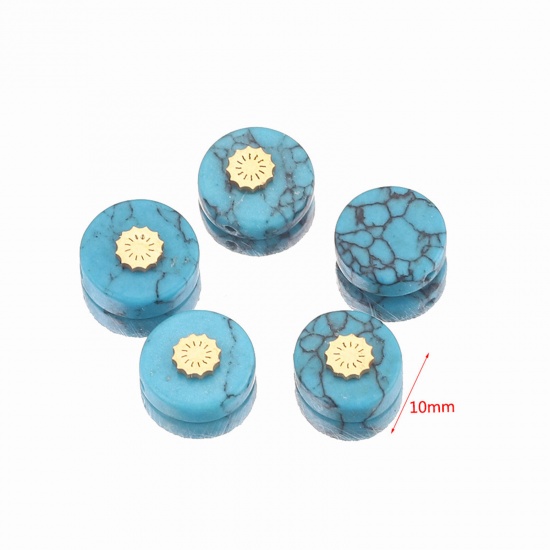 Bild von Turquoise ( Synthetic ) Loose Beads With Stailess Steel Patch For DIY Charm Jewelry Making Flat Round Sun Gold Plated About 10mm Dia., 1 Piece