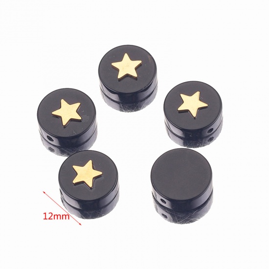 Bild von Obsidian ( Natural Dyed ) Loose Beads With Stailess Steel Patch For DIY Charm Jewelry Making Flat Round Pentagram Star Gold Plated About 12mm Dia., 1 Piece