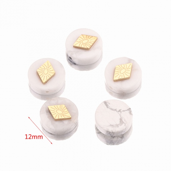 Bild von Howlite ( Synthetic ) Loose Beads With Stailess Steel Patch For DIY Charm Jewelry Making Flat Round Rhombus Gold Plated About 12mm Dia., 1 Piece
