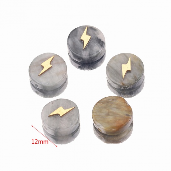 Bild von Spectrolite ( Natural Dyed ) Loose Beads With Stailess Steel Patch For DIY Charm Jewelry Making Flat Round Lightning Gold Plated About 12mm Dia., 1 Piece