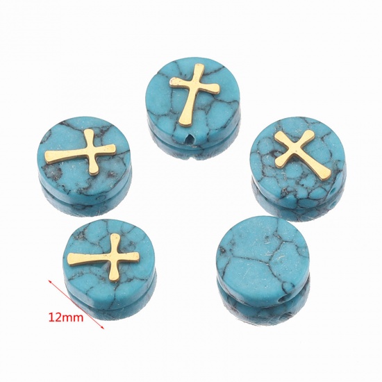 Bild von Turquoise ( Synthetic ) Loose Beads With Stailess Steel Patch For DIY Charm Jewelry Making Flat Round Cross Gold Plated About 12mm Dia., 1 Piece
