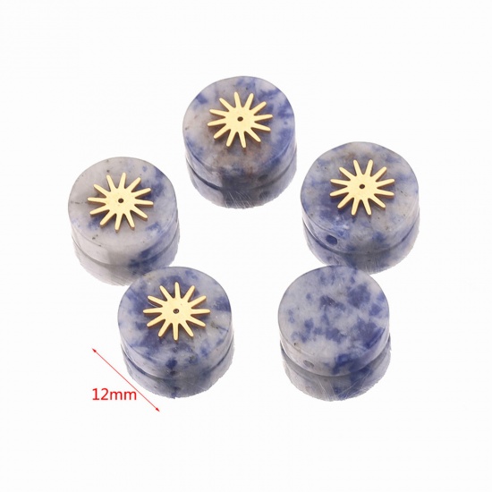 Bild von Stone ( Natural Dyed ) Loose Beads With Stailess Steel Patch For DIY Charm Jewelry Making Flat Round Sun Gold Plated About 12mm Dia., 1 Piece